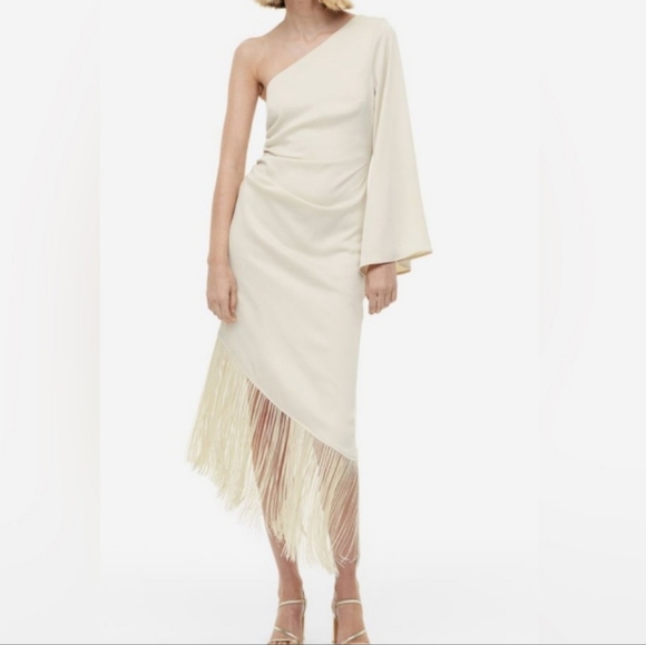 H&M Cream One-Shoulder Fringe Midi Dress - Picture 4 of 6